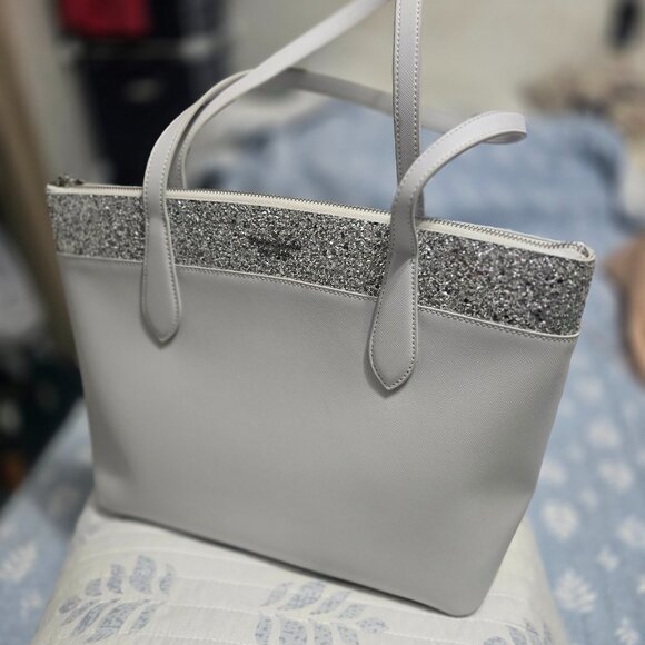 Kate Spade Flash Glitter Tote Light Grey & Silver Sparkles - Picture 1 of 6